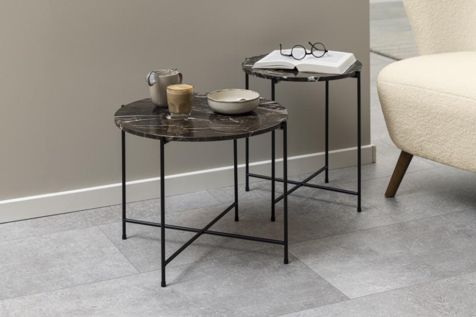 Avila Amour 52cm Round Side Table In Brown Marble With A Metal Base