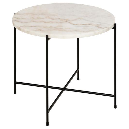 Avila Amour 52cm Round Side Table In White Marble With A Metal Base