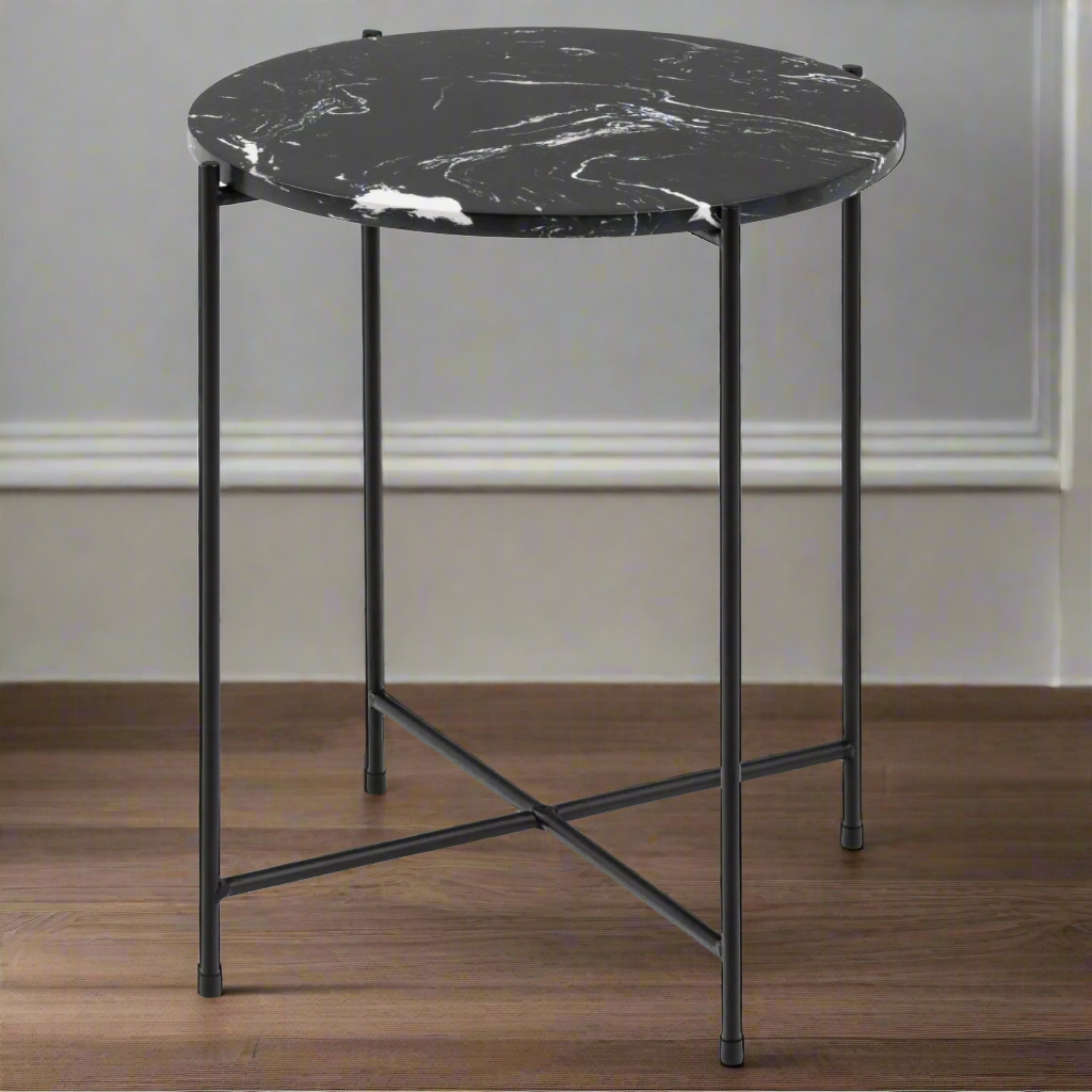 Avila Amour Round Side Table In Black Marble With A Metal Base 42cm