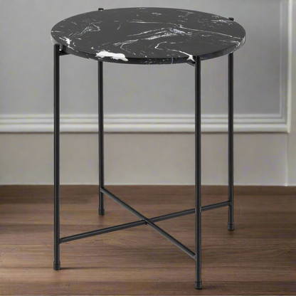 Avila Amour Round Side Table In Black Marble With A Metal Base 42cm