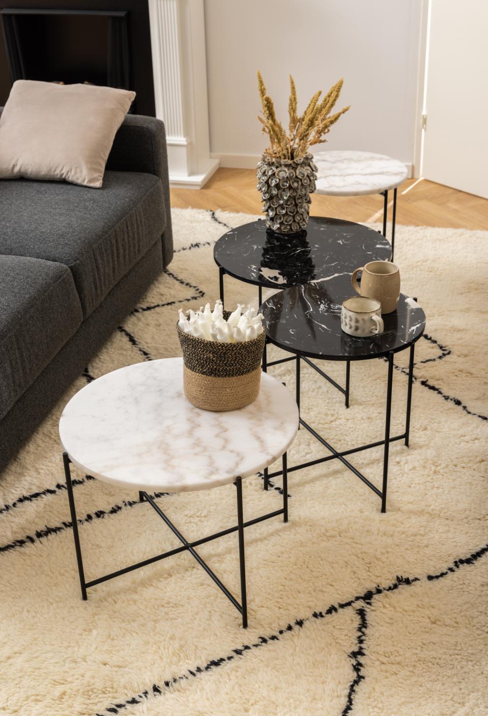 Avila Amour Round Side Table In Black Marble With A Metal Base 42cm