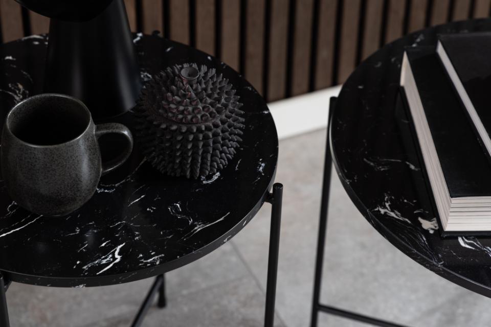 Avila Amour Round Side Table In Black Marble With A Metal Base 42cm