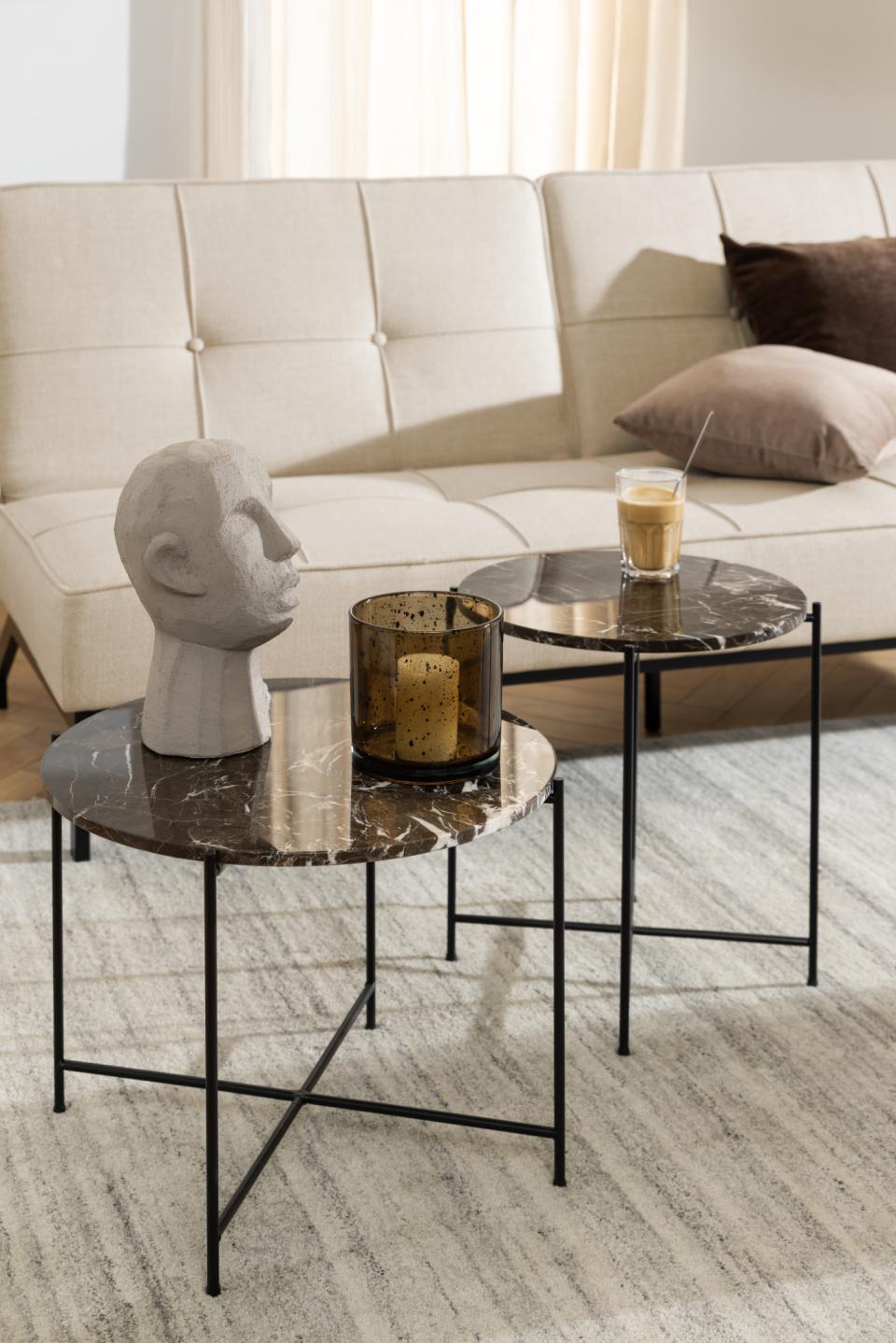 Avila Amour Round Side Table In Brown Marble With A Metal Base 42cm