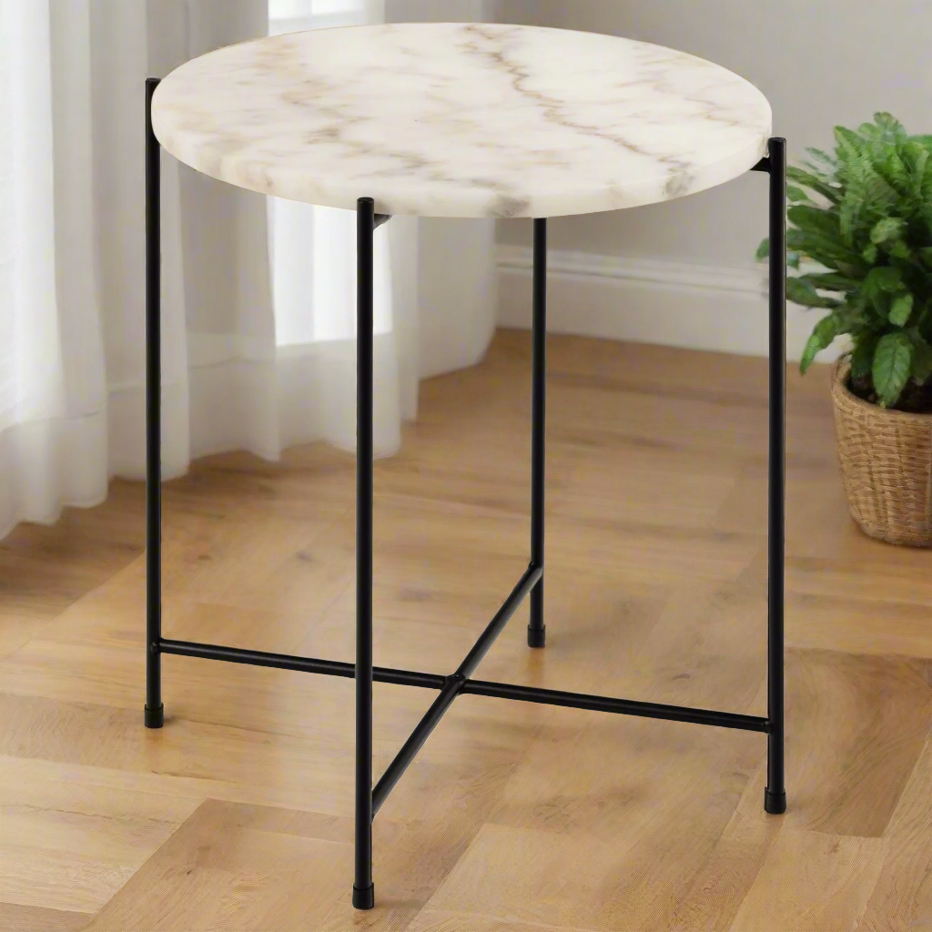 Avila Amour Round Side Table In White Marble With A Metal Base 42cm