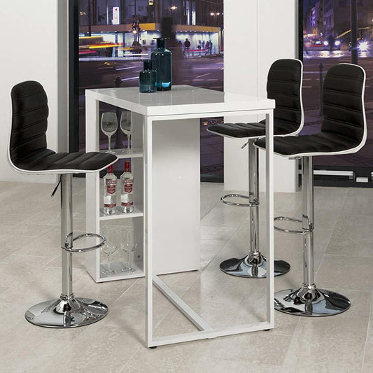 Avocet White High Gloss Bar Table With Shelves Storage, Home Bar Breakfast Table 120x105x60 cm