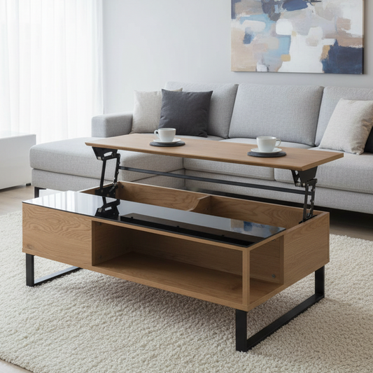 Modern living room with a gray sofa, wooden coffee table, and abstract painting on the wall.