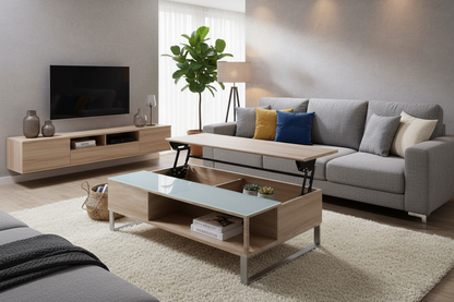 Modern living room with gray sectional sofa, wooden coffee table, and TV stand.