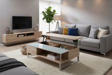 Load image into Gallery viewer, Modern living room with gray sectional sofa, wooden coffee table, and TV stand.

