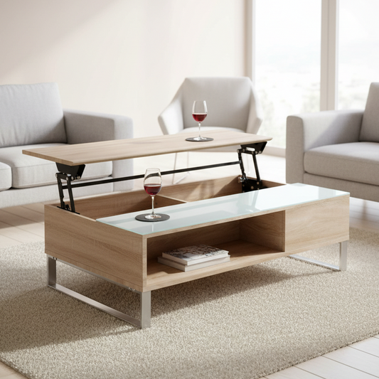 Azalea Storage Coffee Table With Lift Function In Stylish Sonoma Oak And White Glass