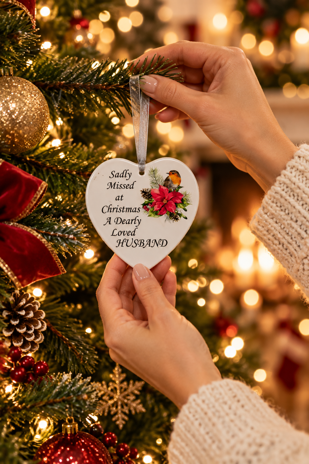 A person's hands hang a white heart-shaped Christmas ornament from a decorated tree. The ornament has a silver ribbon loop and printed text reading 'Sadly Missed at Christmas A Dearly Loved HUSBAND' with a small red poinsettia and bird illustration.