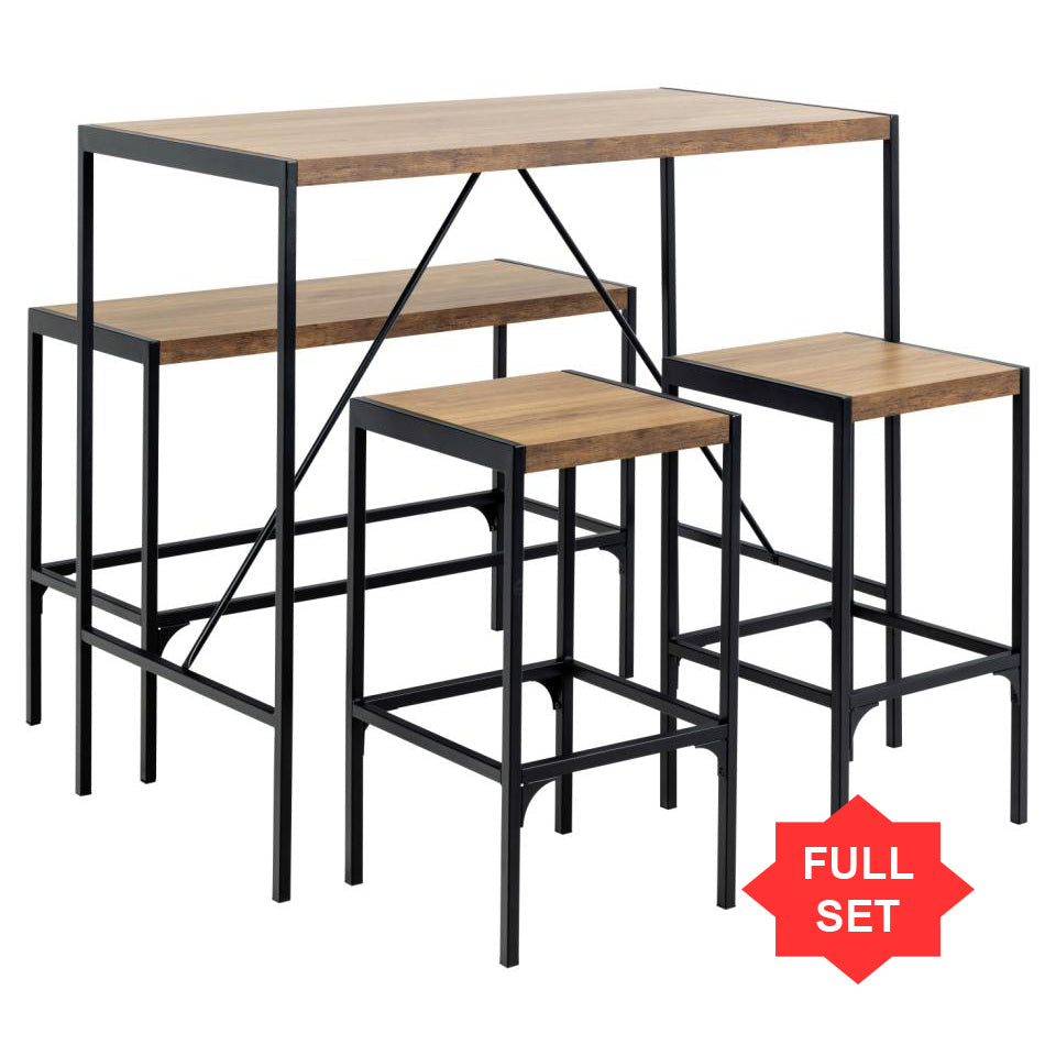 Bahamas Bar Table And Stool Set In Brown Oak With Black Metal Legs And Footrests 120x60x105 cm