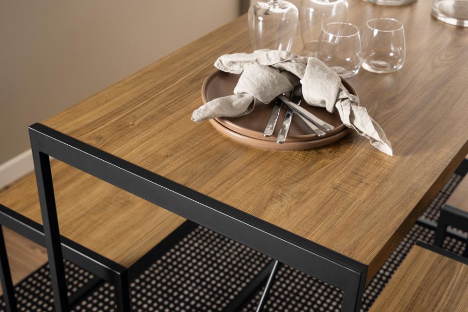 Bahamas Bar Table And Stool Set In Brown Oak With Black Metal Legs And Footrests 120x60x105 cm