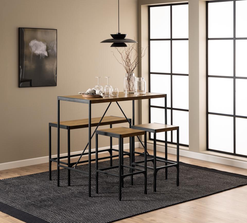 Bahamas Bar Table And Stool Set In Brown Oak With Black Metal Legs And Footrests 120x60x105 cm