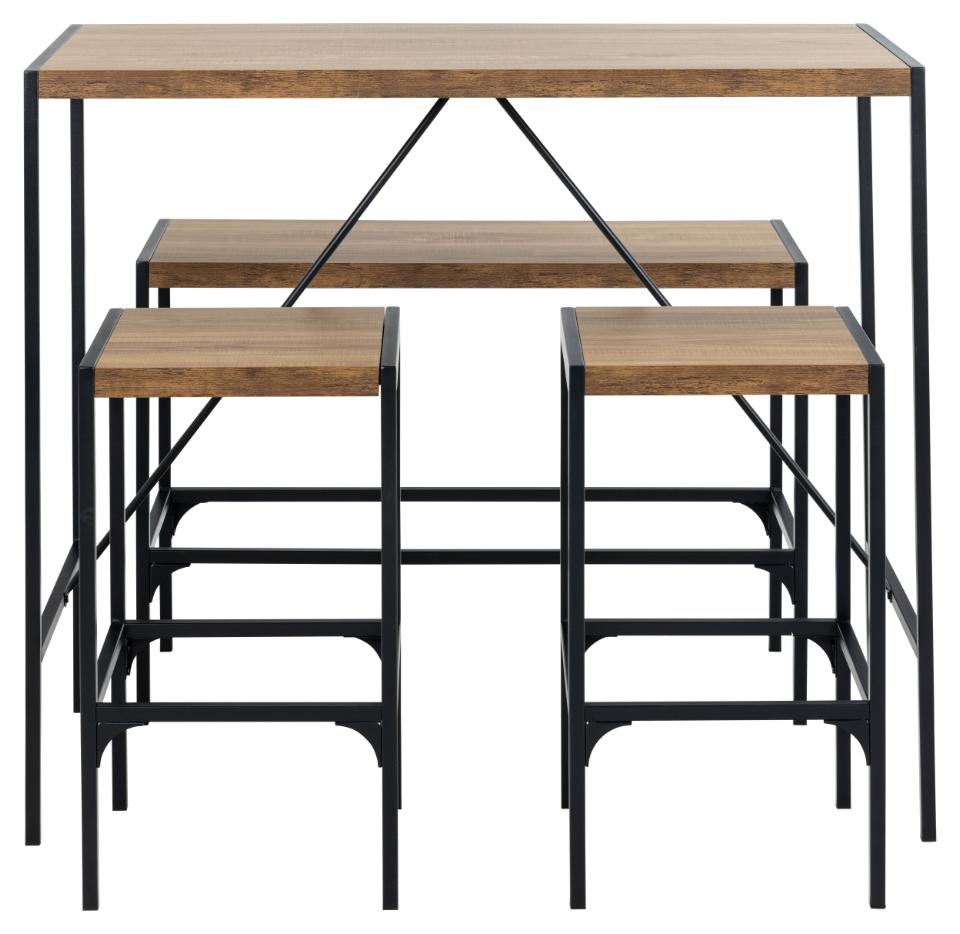 Bahamas Bar Table And Stool Set In Brown Oak With Black Metal Legs And Footrests 120x60x105 cm