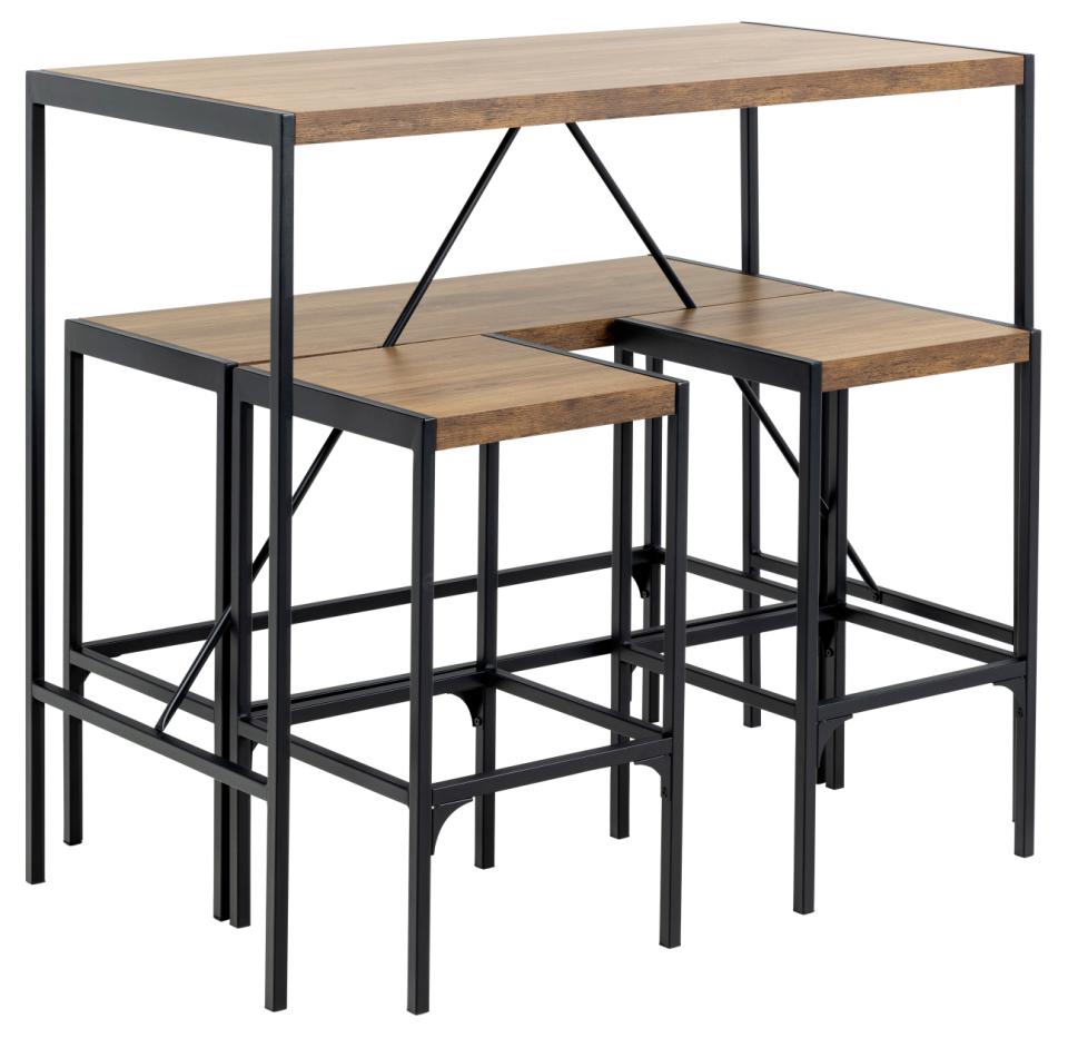 Bahamas Bar Table And Stool Set In Brown Oak With Black Metal Legs And Footrests 120x60x105 cm