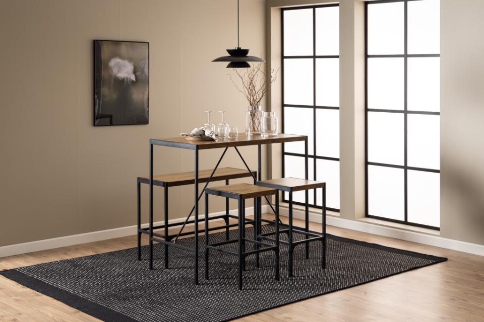 Bahamas Bar Table And Stool Set In Brown Oak With Black Metal Legs And Footrests 120x60x105 cm