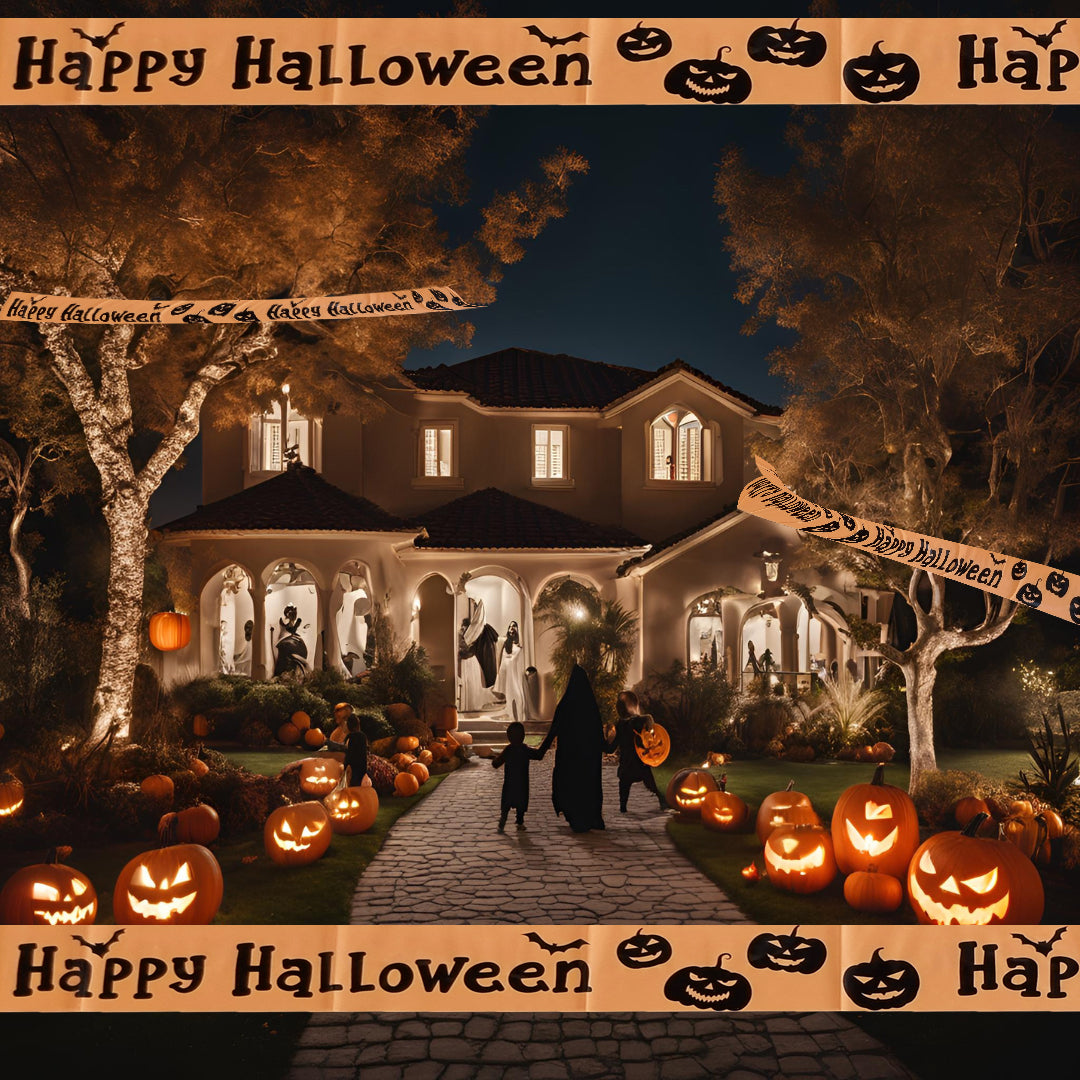 A festive Halloween scene centered on a large house at night, with glowing windows, pumpkins lined the front yard, a cobblestone path, and silhouetted figures near the porch. The image is framed by repeated 'Happy Halloween' banners with jack-o'-lantern graphics at the top and bottom.