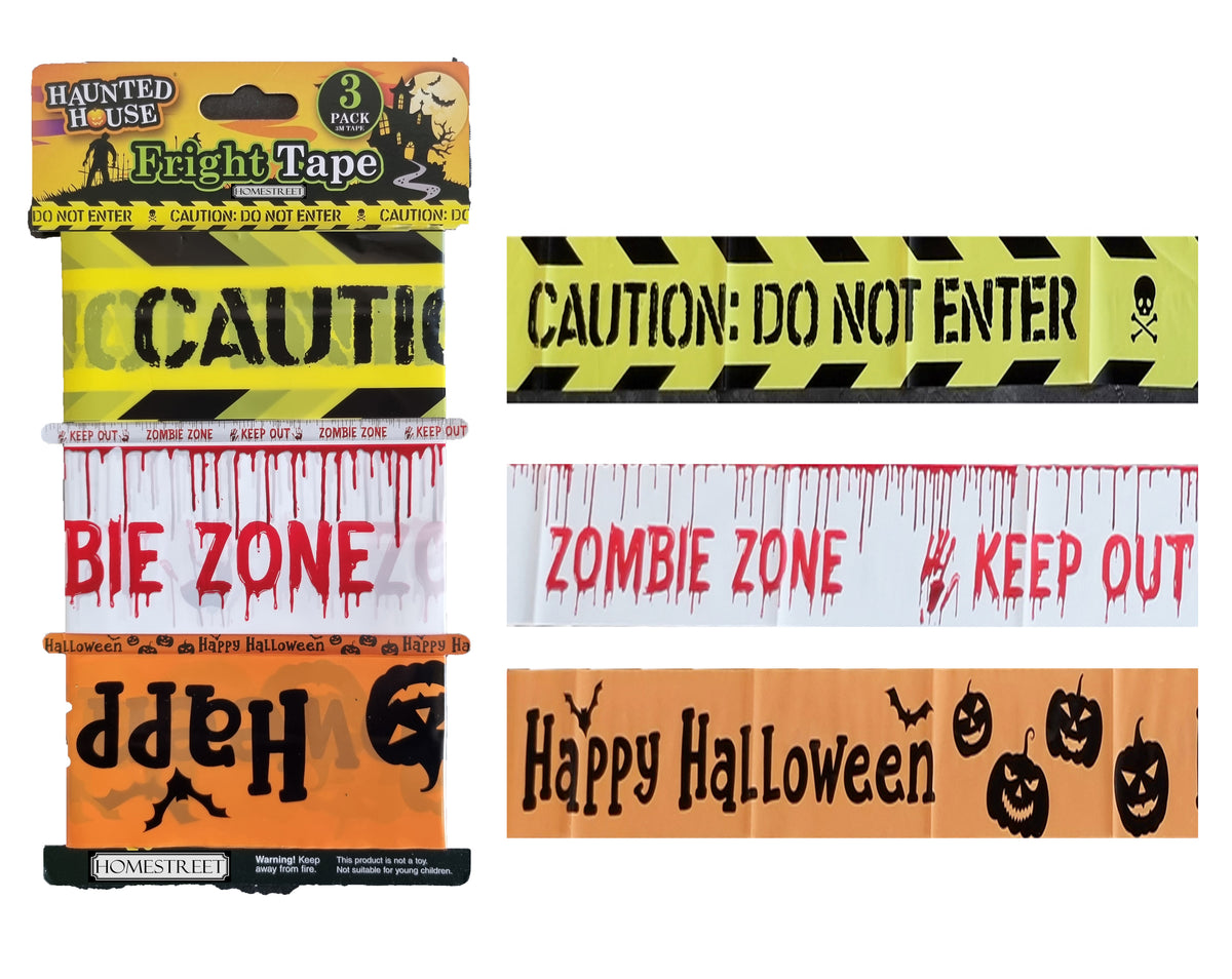 Six Halloween-themed caution tape rolls in different designs, including 'Fright Tape', 'CAUTION DO NOT ENTER', 'BIE ZONE', 'ZOMBIE ZONE KEEP OUT', 'Happy Halloween', and 'Haunted House'.