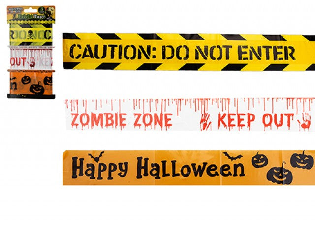 Three Halloween warning-style banners shown on a white background: a yellow tape-style banner reading 'CAUTION: DO NOT ENTER,' a white banner with red dripping text reading 'ZOMBIE ZONE' and 'KEEP OUT,' and an orange banner reading 'Happy Halloween' with black pumpkins and bats.
