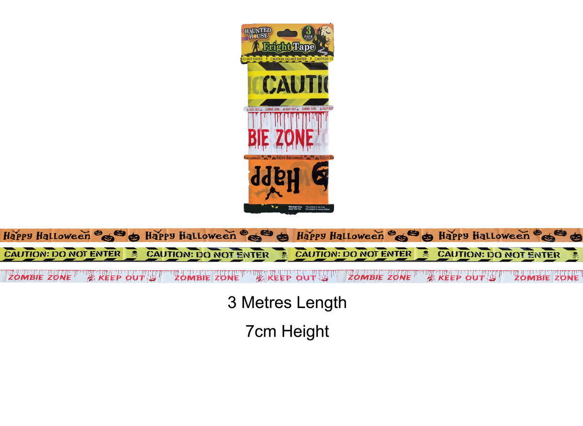 Packaged Halloween caution tape roll with sample strips shown below on a white background, labeled 3 metres length and 7cm height.