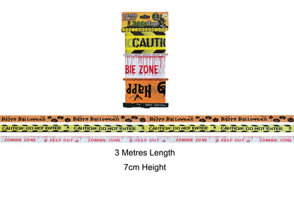 Packaged Halloween caution tape roll with sample strips shown below on a white background, labeled 3 metres length and 7cm height.