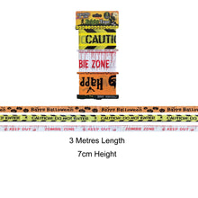 Load image into Gallery viewer, 3 Pack Fright Tape Happy Halloween Caution Do Not Enter Zombie Zone Keep Out 3 Metre Length
