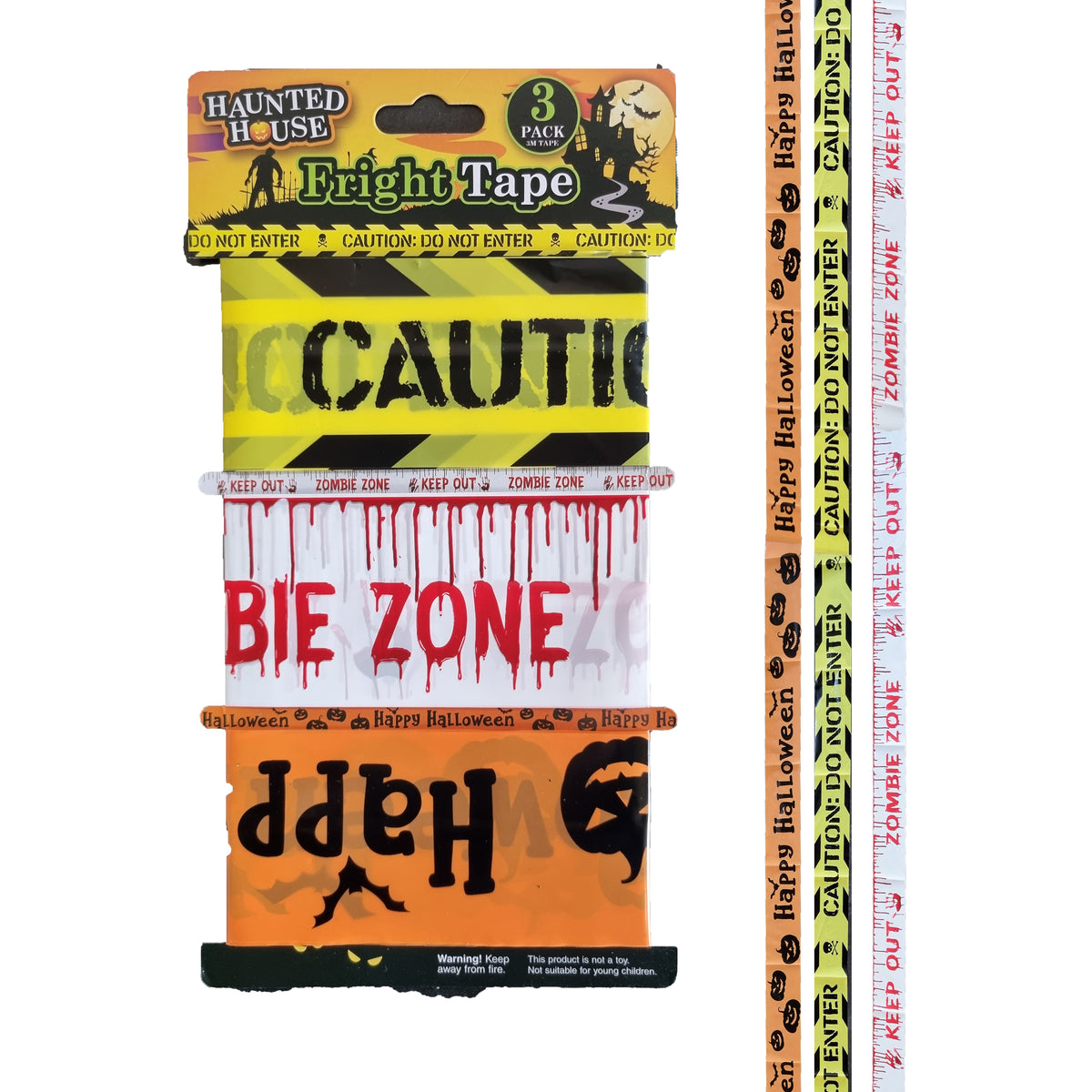 Three-pack of Halloween 'Fright Tape' rolls from Haunted House, featuring designs like 'CAUTION', 'BIE ZONE' with dripping red text, and 'Happy Halloween' on orange and black backgrounds. A vertical close-up strip on the right shows the repeating 'ZOMBIE ZONE' pattern.
