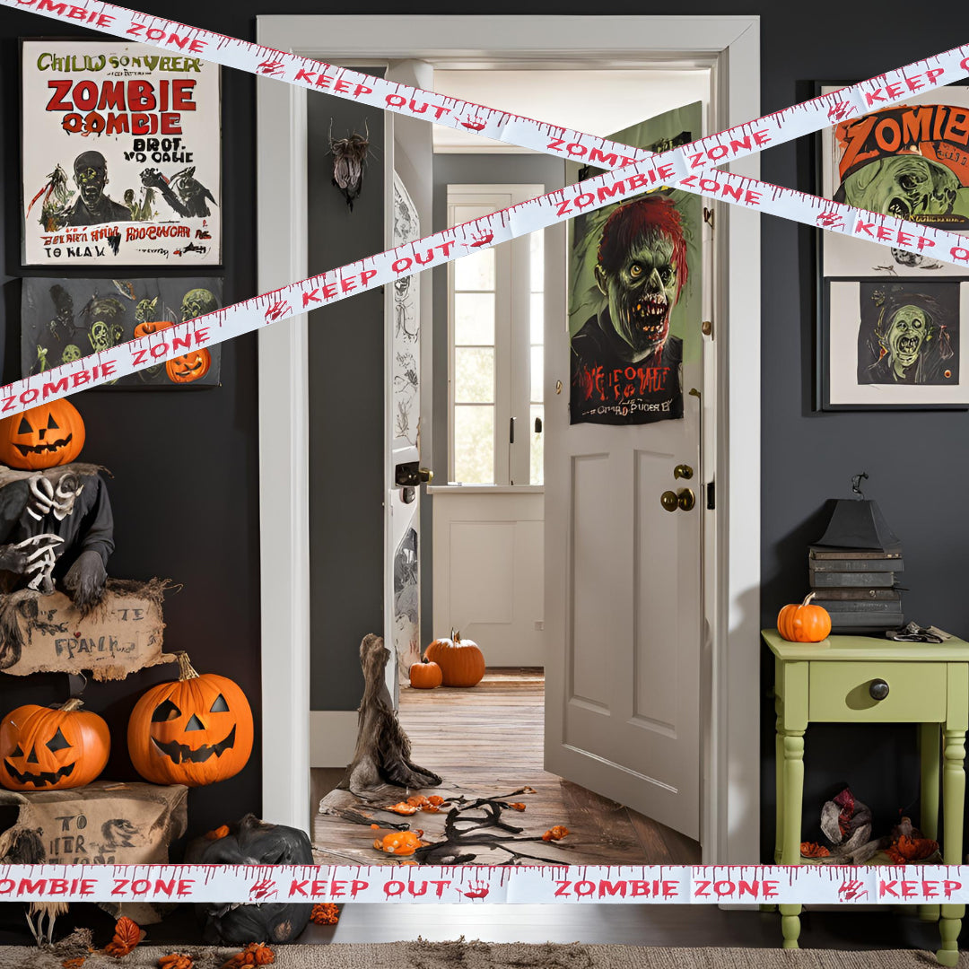 White Halloween-themed 'Zombie Keep Out' tape with red text and graphics, shown draped across a doorway in a decorated Halloween hallway with pumpkins, a zombie poster, and spooky decor.