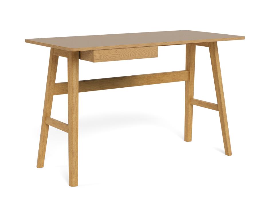 A light oak wood writing desk with a single drawer, angled legs, and a central support beam, shown on a white background.