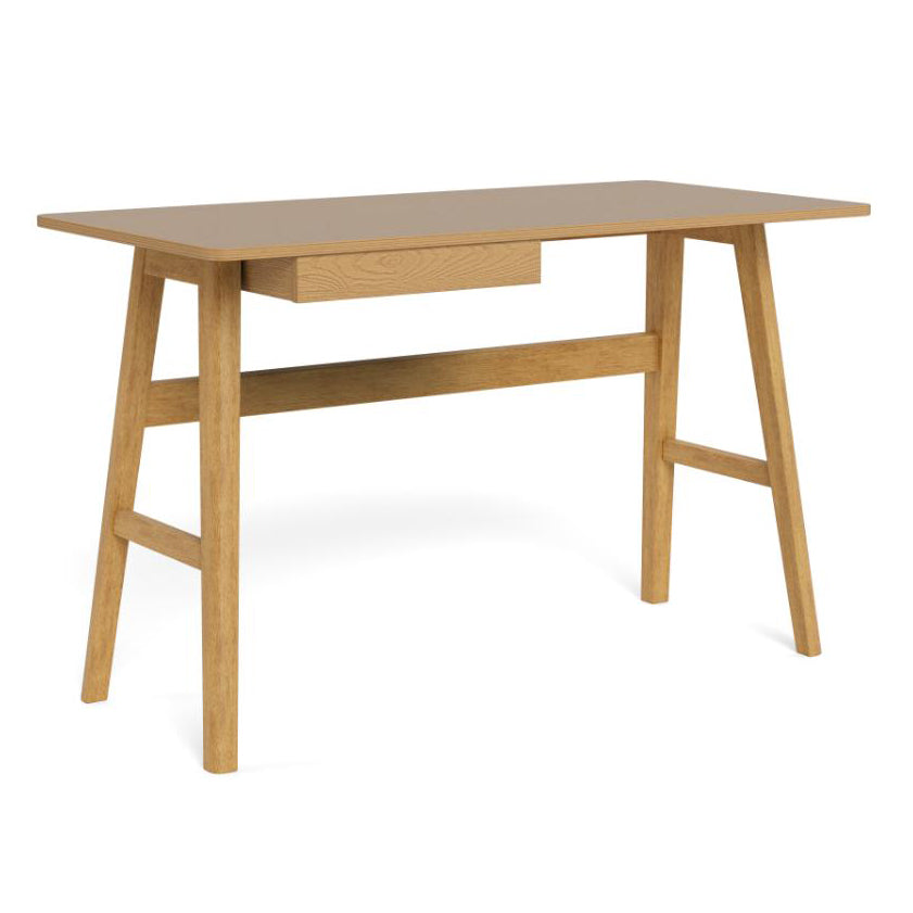 A light oak wood writing desk with a single drawer, angled trestle legs, and a front support beam, shown on a white background.