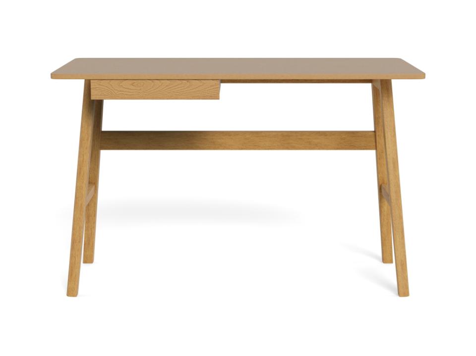 A mid-century modern style wooden writing desk with a natural oak finish, featuring a single drawer on the left side, angled legs, and a front support beam, shown on a white background.