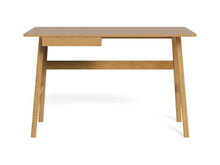 Load image into Gallery viewer, A mid-century modern style wooden writing desk with a natural oak finish, featuring a single drawer on the left side, angled legs, and a front support beam, shown on a white background.
