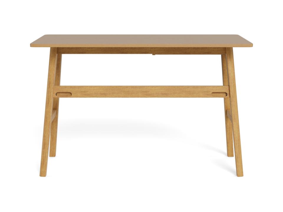 A light natural wood writing desk with a rectangular top, angled legs, and a horizontal support beam, shown against a plain white background.