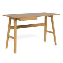 Load image into Gallery viewer, A light oak wood writing desk with a single drawer, angled trestle legs, and a front support beam, shown on a white background.
