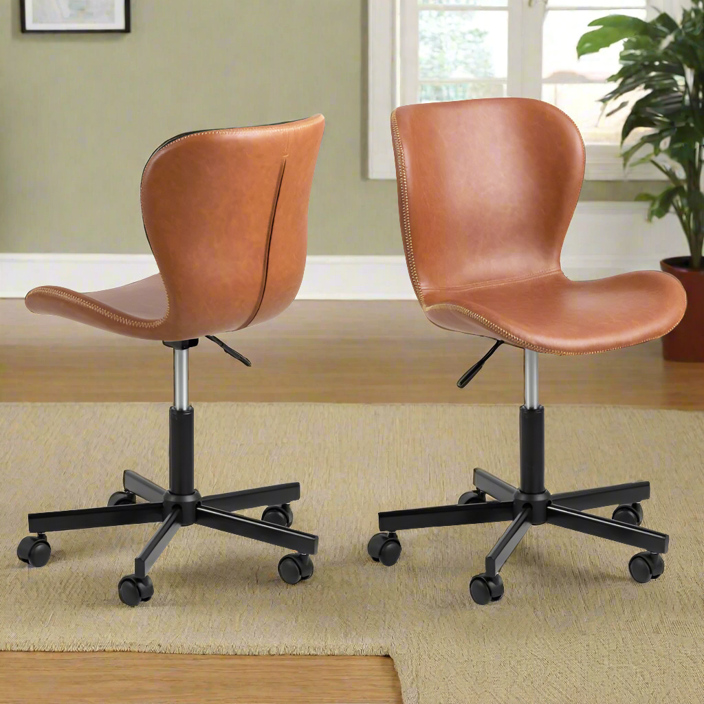 High Quality Batilda Office Desk Chair With Castors, Stitched Leather Look And Gas Lift, Retro Brandy Design