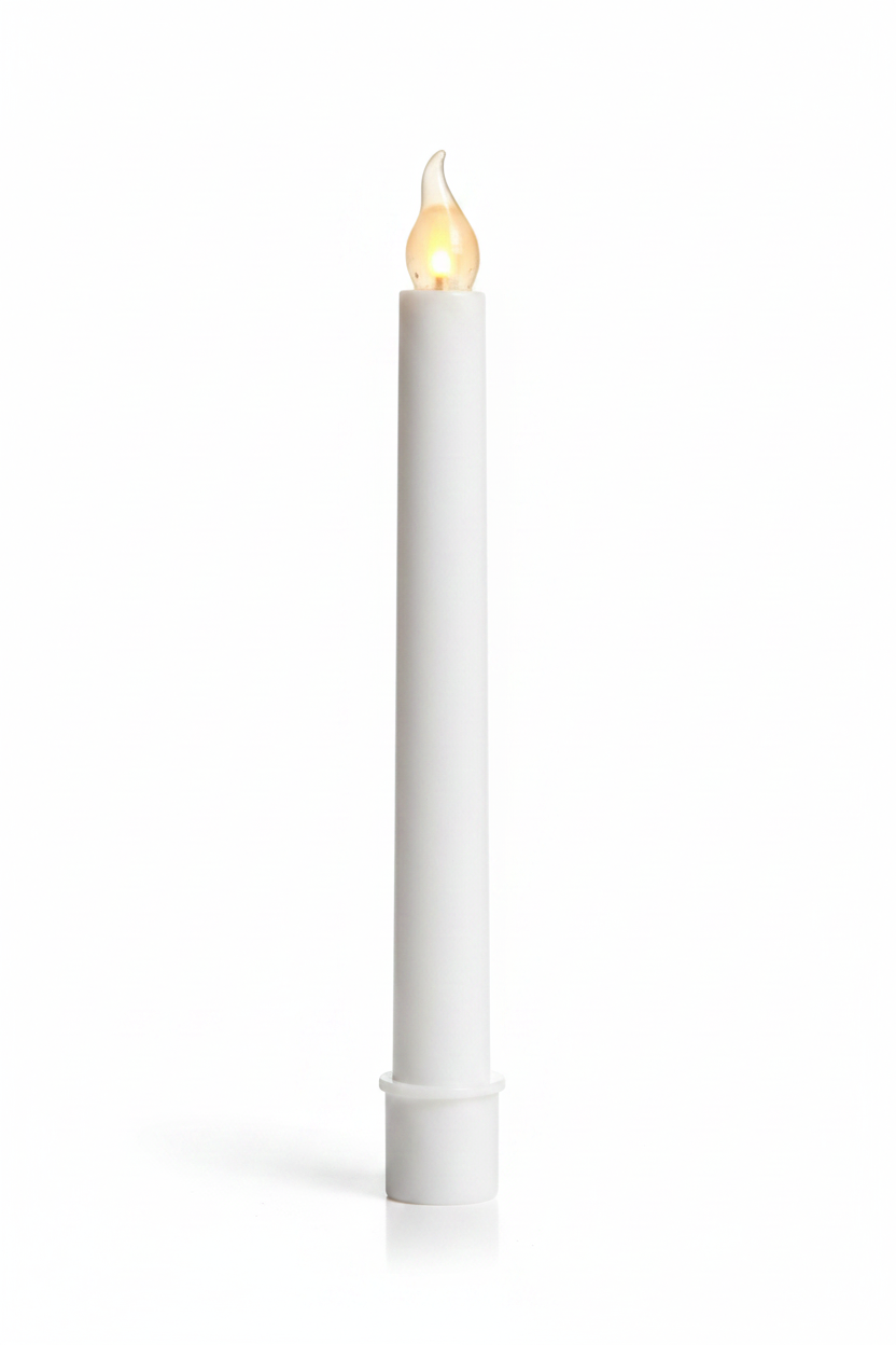 A battery-operated flickering candle with a wax tip, packaged in a cardboard-backed plastic container, featuring a lit flame on the candle and a festive Halloween or Christmas-themed backdrop in the packaging.