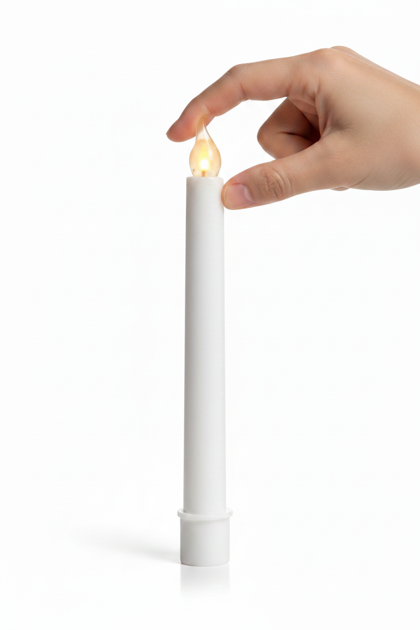 A hand is shown touching the flame of a white pillar-style LED candle on a clean white background.