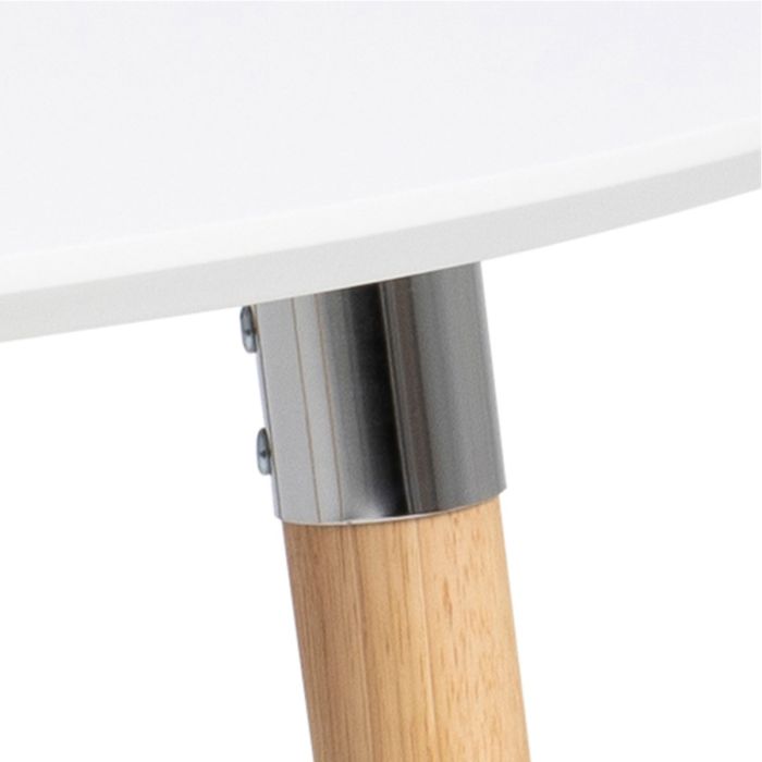 Close-up of a wooden table leg with a metal cap on a white background