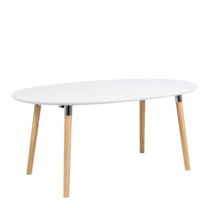 Round white table with wooden legs on a white background