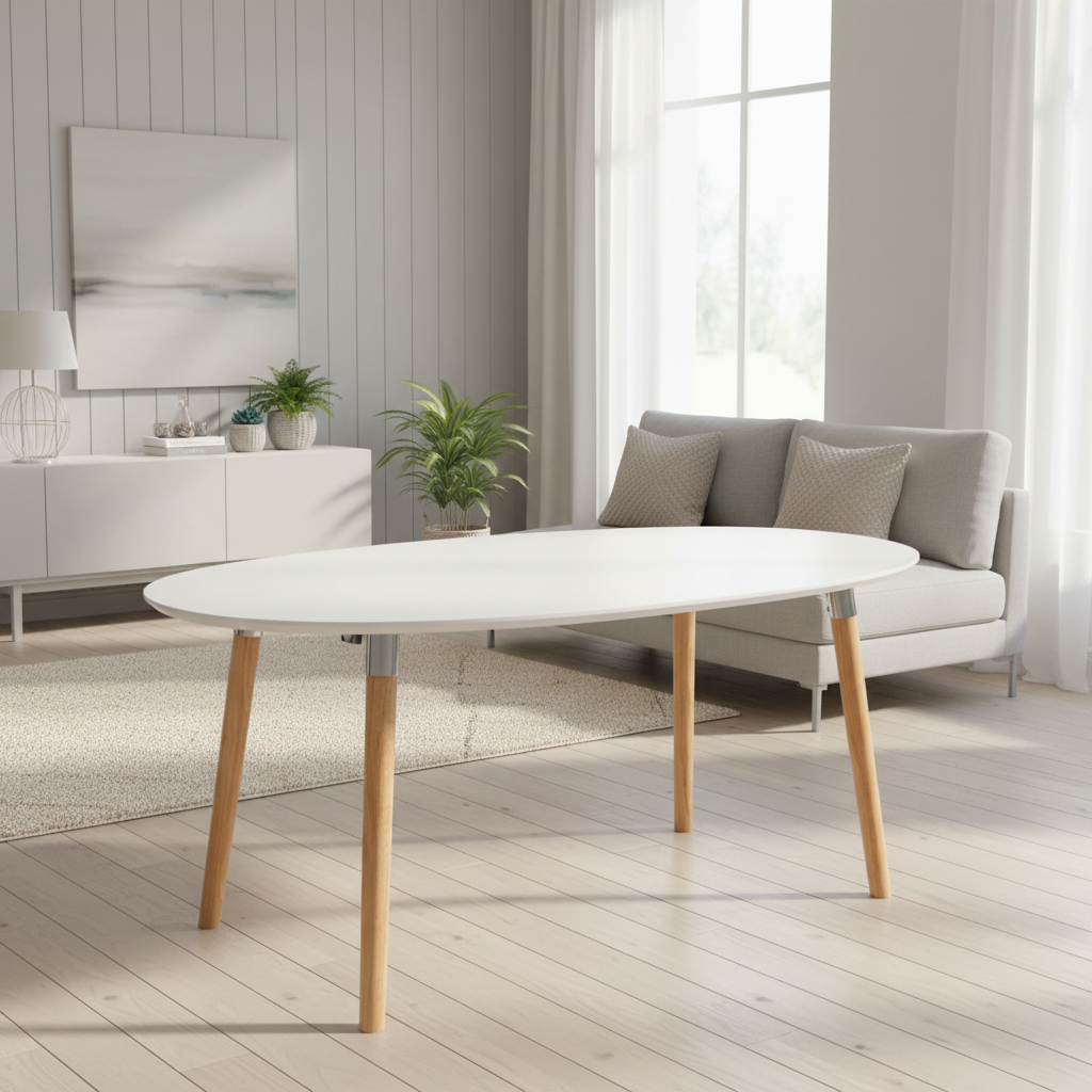 An oval white coffee table with light natural wood legs in a bright, modern living room setting.