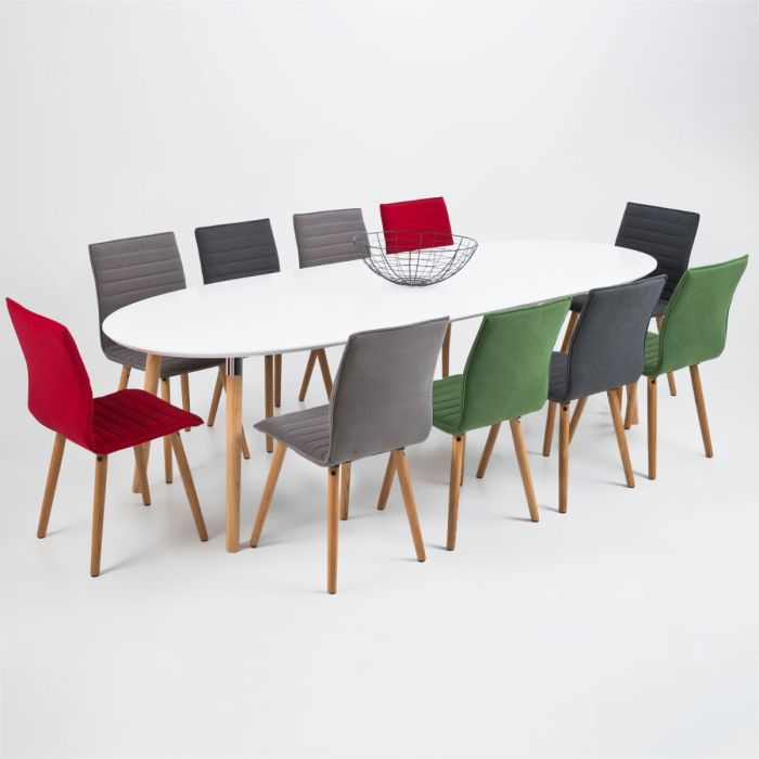 Round white table with eight multicolored chairs on a white background