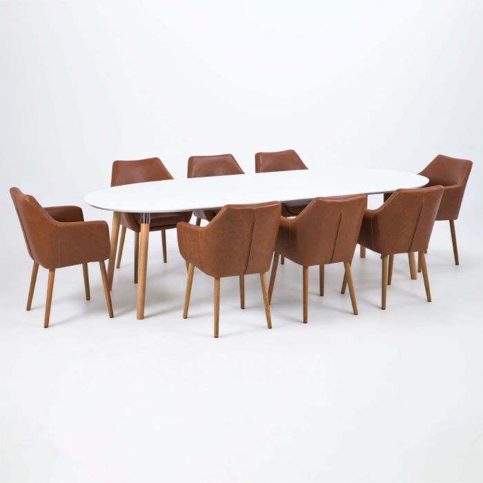Dining table with brown chairs on a white background