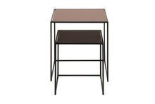 Load image into Gallery viewer, A pair of nested square nesting tables with dark brown wood-look tops and slim black metal frames, shown against a plain white background.
