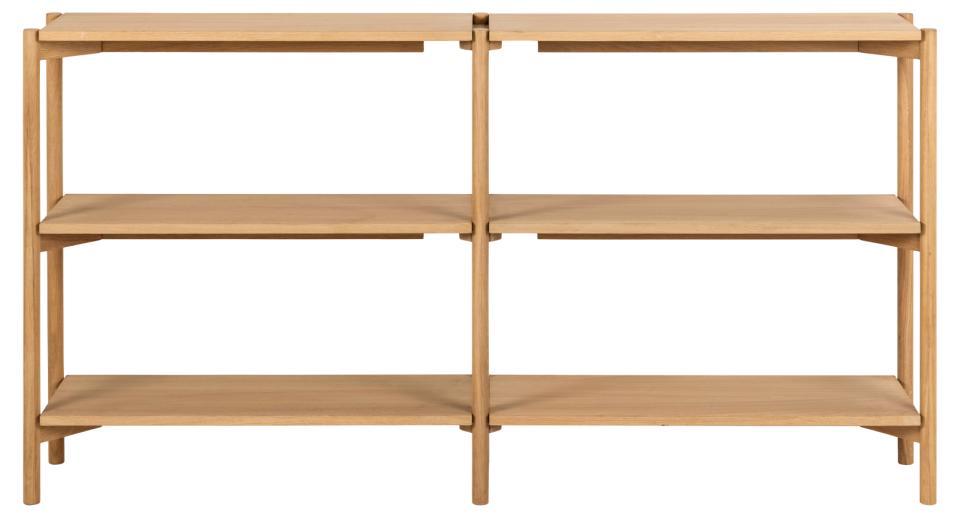 Wooden shelf with four shelves on a white background