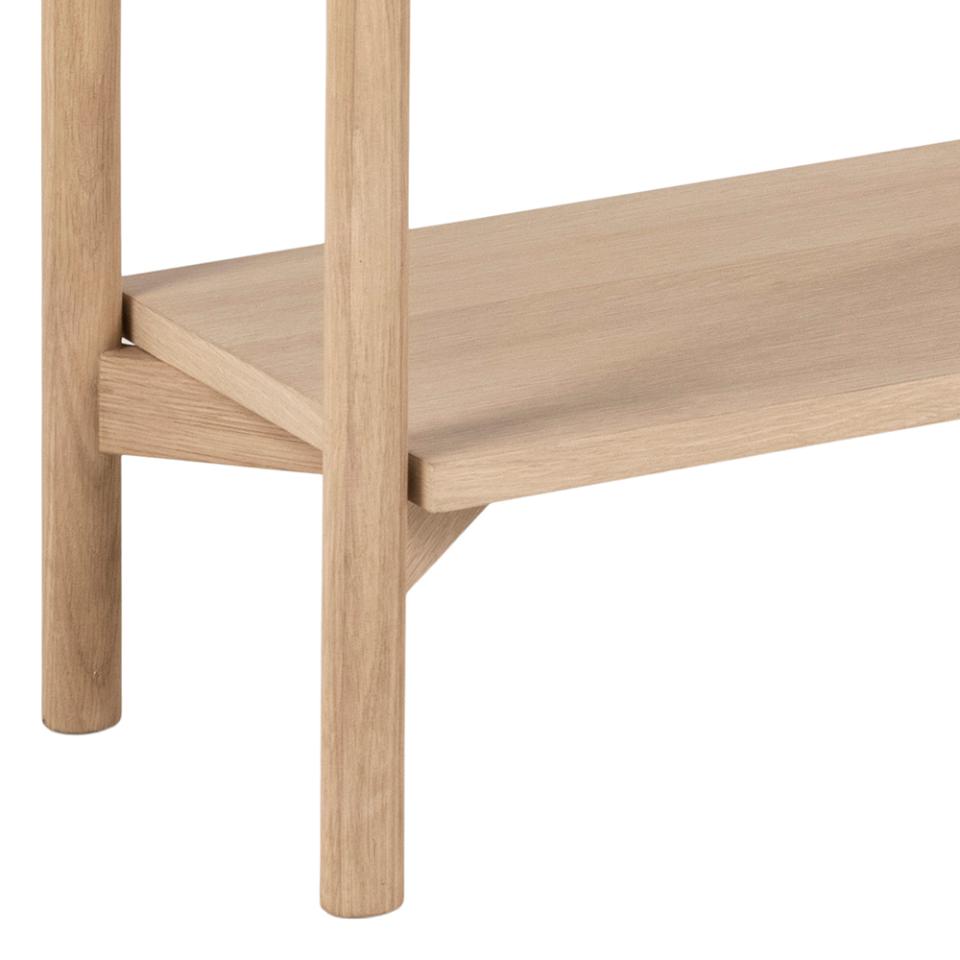 Close-up of a light natural wood shelf with matching legs and a visible wood grain texture on a white background.