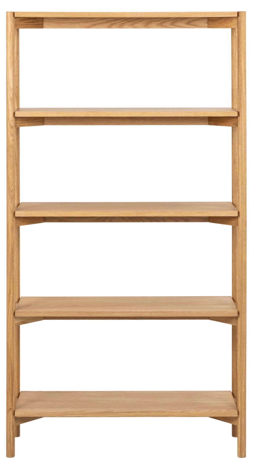 A 5-tier wooden bookcase with a natural oak finish, shown against a plain white background.