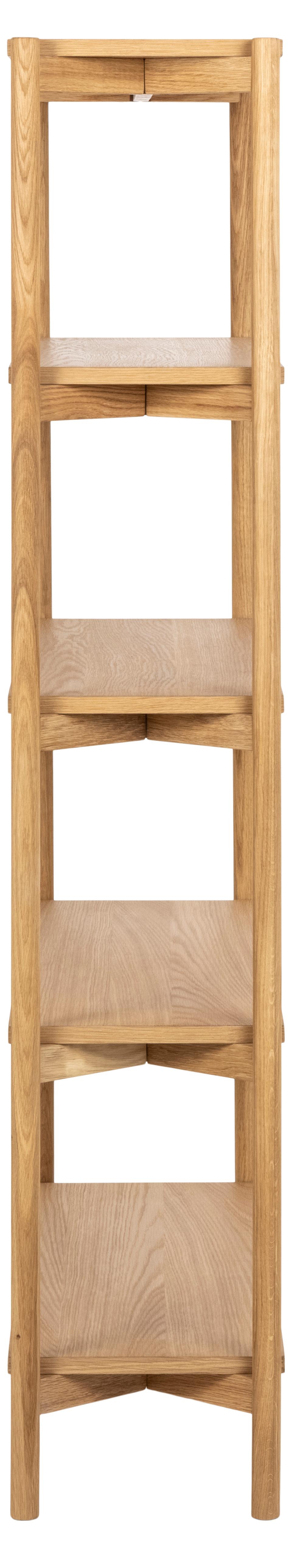 A tall, narrow wooden shelving unit with five open shelves and a slanted front, shown against a plain white background.