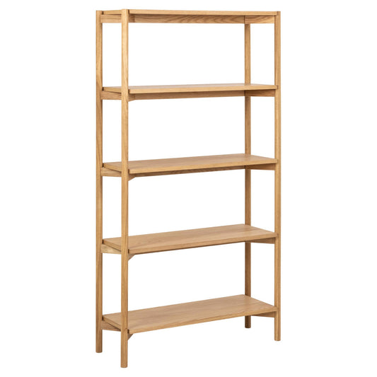 A Braidwood bookcase with four shelves, oiled oak frame, in a natural wood color, against a white background.