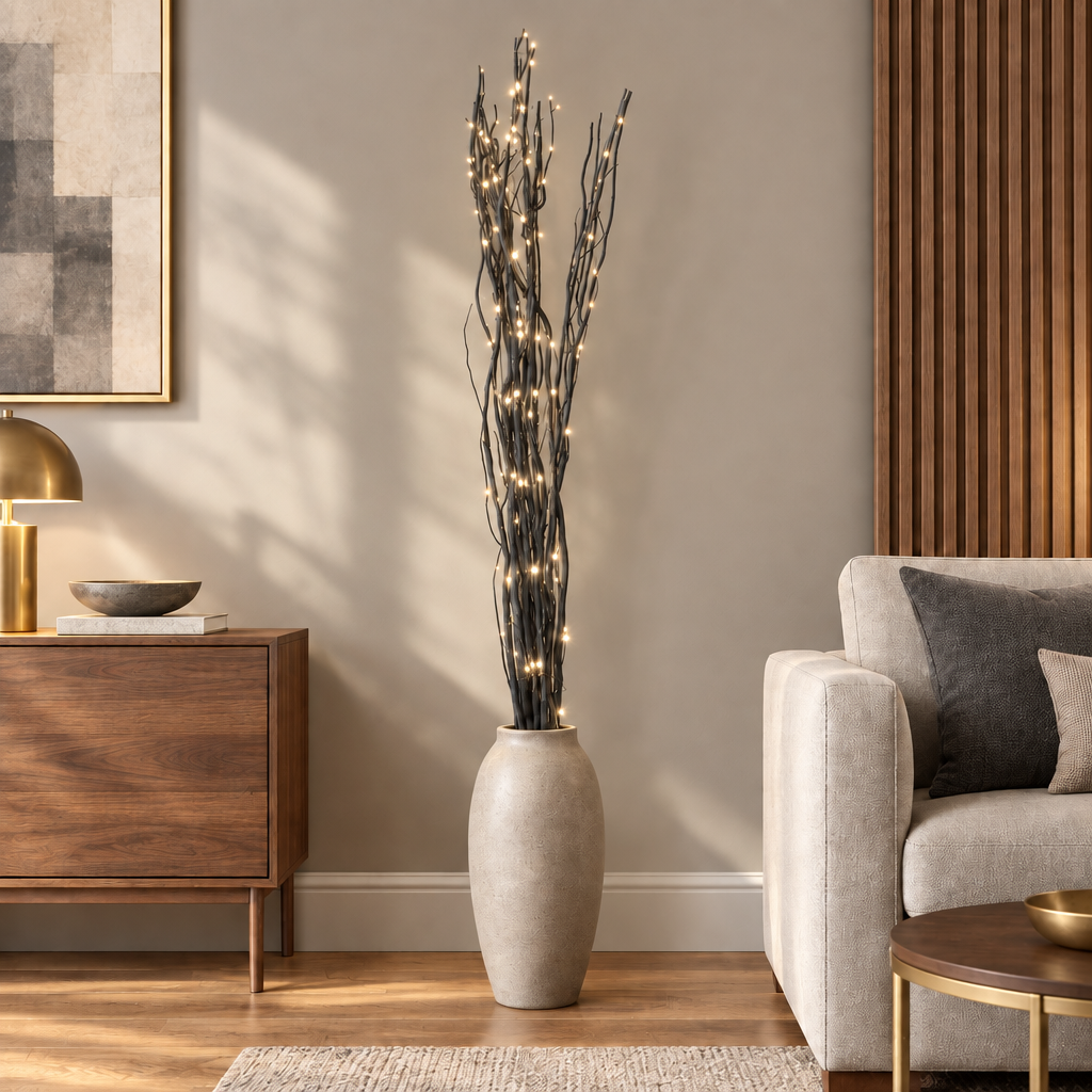 Brightened black illuminated willow twigs in a warm modern living room