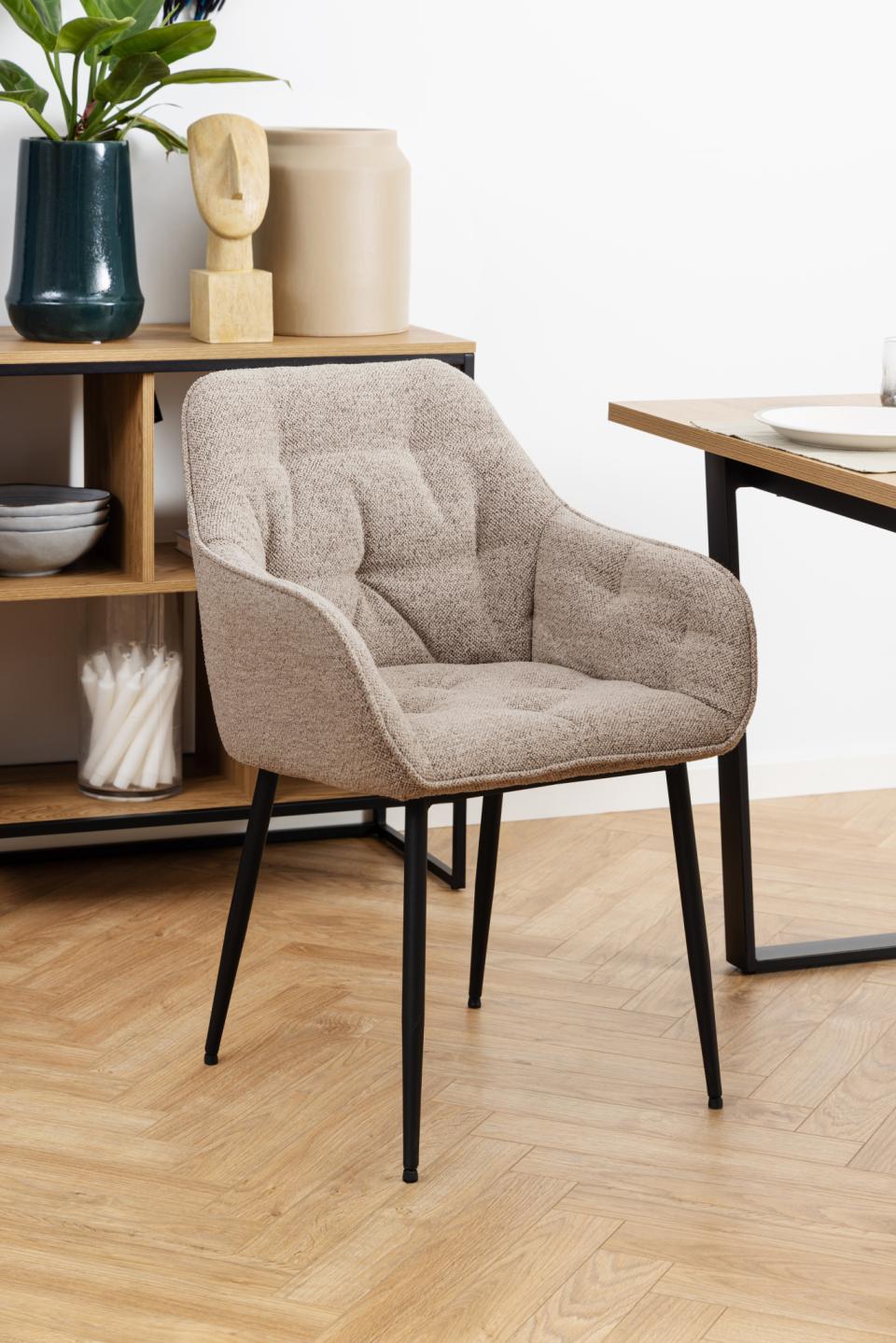 Brooke Armrest Fabric Dining Chair In Light Beige With Beautiful Tufting, Set Of 2 Chairs